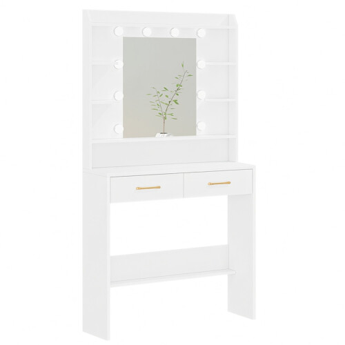 Dressing Table with Mirror and Light, 2 Drawers Vanity Desk, White 1