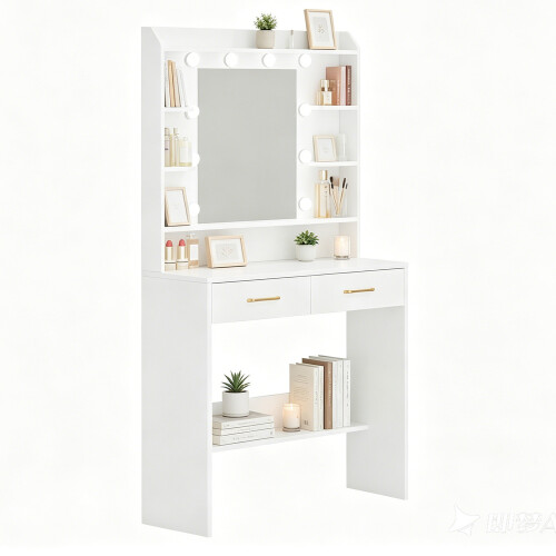 Dressing Table with Mirror and Light, 2 Drawers Vanity Desk, White 2