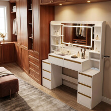 135 cm Dressing Table with Mirror, Vanity Desk, Adjustable 3-Colour LED Lights, Dressing Table with Plug, Hairdryer Holder