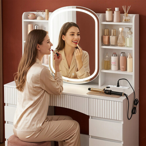 Dressing Table with Mirror, Adjustable LED Lighting, Power Strip