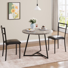 3-Piece Dining Table Set for 2, Round 31.4" Table with PU Padded Chairs, Metal Frame, Compact for Small Spaces Retro & Grey