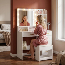 Dressing Table with 3-Colour LED Adjustable Brightness, Vanity Table with Plug and Large Mirror, Stool and Hairdryer Holder