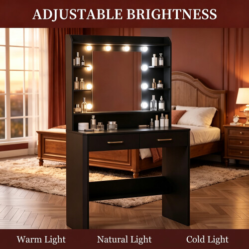 Dressing Table with Mirror and Light, 2 Drawers Vanity Desk, Black