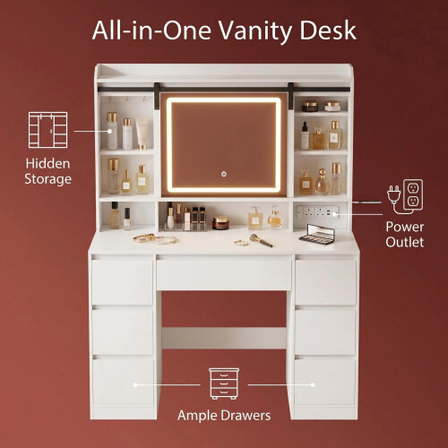 Dressing Table with Sliding Mirror, Vanity Desk with Power Strip 1