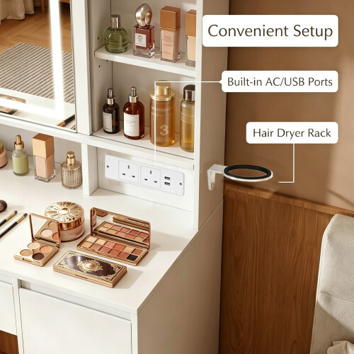 Dressing Table with Sliding Mirror, Vanity Desk with Power Strip 2