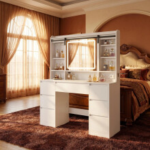 Dressing Table with Sliding Mirror, Vanity Desk with Power Strip