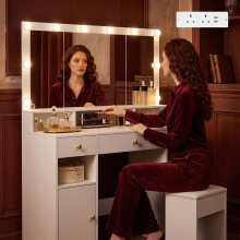Dressing Table with Large Mirror, Vanity Desk with Mirror LED, 3 Light Colors, Makeup Desk, 3 Drawers, 2 Storage Cabinets