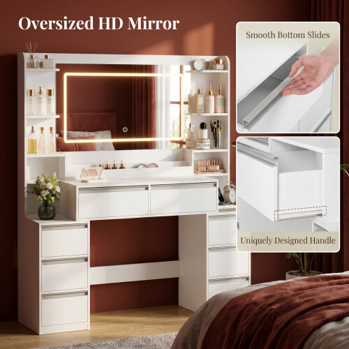 135 cm Dressing Table with Mirror, Vanity Desk, Adjustable 3-Colour LED Lights, Dressing Table with Plug 1