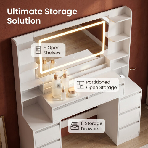 135 cm Dressing Table with Mirror, Vanity Desk, Adjustable 3-Colour LED Lights, Dressing Table with Plug 2
