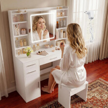 108 cm Dressing Table with Mirror, Vanity Desk, Adjustable 3-Colour LED Lights, Makeup Desk with Hidden Shelves