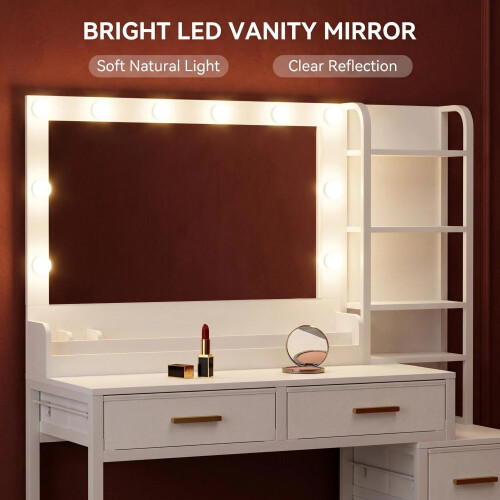 110 cm Dressing Table with Large Mirror, Vanity Desk with LED Lights, 3 Light Colors, Adjustable Brightness 1