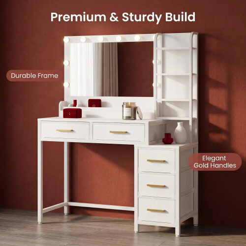 110 cm Dressing Table with Large Mirror, Vanity Desk with LED Lights, 3 Light Colors, Adjustable Brightness 2