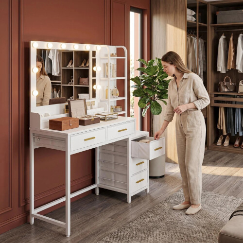 110 cm Dressing Table with Large Mirror, Vanity Desk with LED Lights, 3 Light Colors, Adjustable Brightness