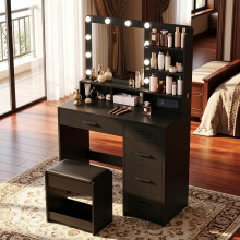 Dressing Table with Stool, Plug and Mirror, LED Adjustable, Black