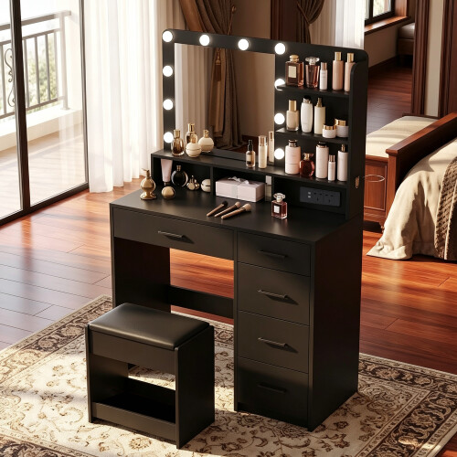 Dressing Table with Stool, Plug and Mirror, LED Adjustable, Black