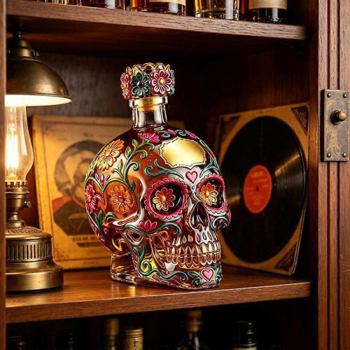Sugar Skull -lasikannupullo, viski-tequilabaari, sisustus 1
