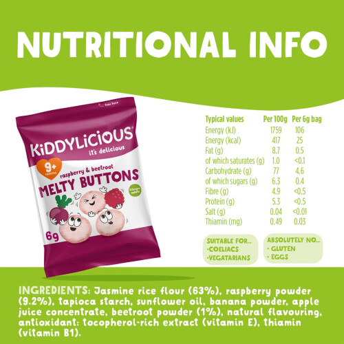 Kiddylicious Raspberry & Beetroot Melty Buttons - Delicious Snacks for 1