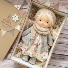 (A with box) Handmade Waldorf Doll, 11 inch Knitted Plush Stuffed Toy Christmas Birthday Gift