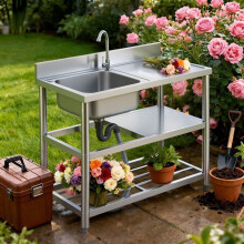 Vrijstaande Buitenkeuken Spoelbak op Poot – 1 RVS Bak – Bak aan de Linkerkant – Met Kraan en 2 Opbergniveaus – 100 x 50 x 90cm