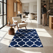 (2.5X5 Rug (80x150cm), Ava Navy) Printed Geometric Short Pile Rug with Rubber Backing - Non Slip Modern Area Carpet