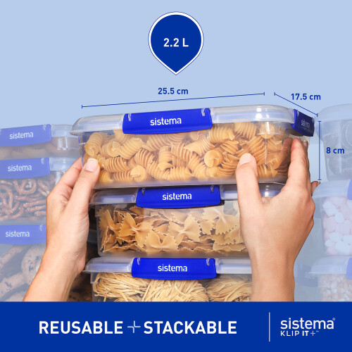 Sistema Sistema Klip It Plus Leakproof Food Storage Containers, 2.2L, Airtight, Stackable, 3 Count 2