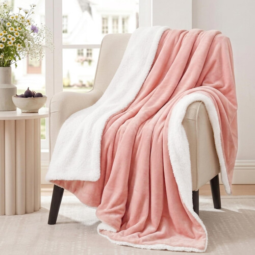 Aisbo Sherpa Fleece Throw Blanket Pink - Fluffy Thick Warm Blanket for Sofa Couch Throw Single Size, Solid Microfiber Bed Blanket Soft Throws for Tra