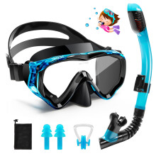 HIKOTEY Children's Snorkel Set,Panoramic Wide View Diving Mask,Snorkeling Gear Anti-Leak and Anti-Fog Tempered Glass Lens,Dry Snorkel Tube,Includes E