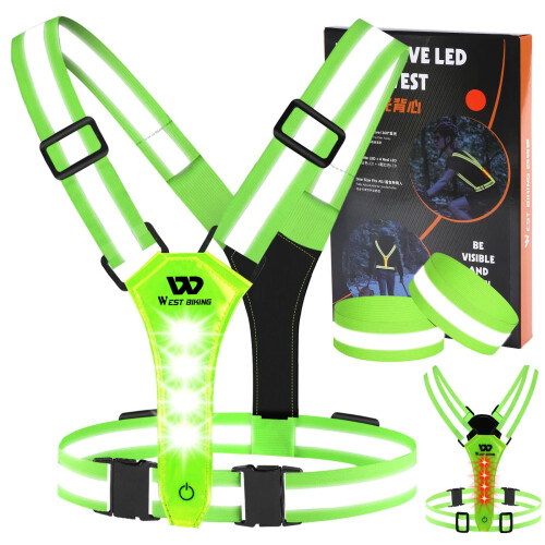 West Biking LED Reflective Running Vest, USB Rechargeable Running Light