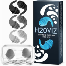 H20VIZ Pro Swim Ear Plugs | 3 Pairs | Waterproof, Reusable Silicone Earplugs for Swimming, Surfing, Snorkeling & All Water Sports | Black, White, Gre
