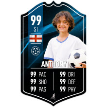 ShopQuality4U Personalise Football Card Player Stats Shield - Blue Background Printed Metal Shield Sign Wall Art A3 Player Add Name (40.5x25cm)