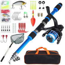 Puniama Kids Fishing Rod and Reel Combo Set, 180cm Lightweight Telescopic Fishing Pole with Landing Net, Spinning Reel, Bait Box & Carry Bag – Begin