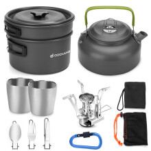 Odoland Camping Cookware Mess Kit with Stove, Lightweight Outdoor Pot Pan Kettle with 2 Cups, Fork Spoon Cookware Set Carabiner Backpacking Picnic Ge