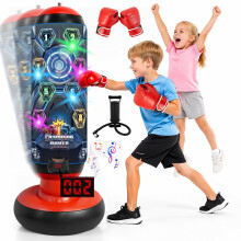 FOTSHARER Kids Punching Bag with Gloves & Pump, Inflatable Boxing Set Electronic Boxing Bag with Music & Lights, Freestanding Martial Arts Toy with 4