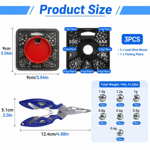 358PCS Fishing Weights Sets, Split Shot Mixed Sizes with Pliers 1