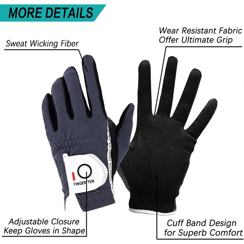 FINGER TEN Golf Gloves Men Rain Grip 2 Pack (Grey, S, Right) 2