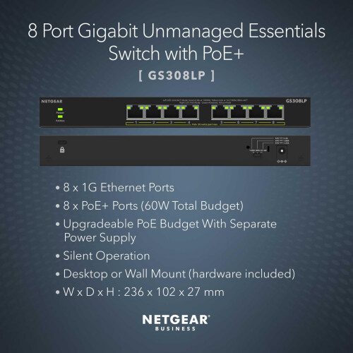 Netgear NETGEAR 8 Port PoE Switch, Unmanaged Gigabit Network Switch GS308LP 1