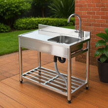Unabhängiges Außenküchenspülbecken auf Füßen – 1 Becken aus Edelstahl – Becken rechts – Mit Wasserhahn und Regal – 100 x 50 x 90 cm