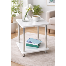 White High Gloss 2 Tier Shelf Unit With Stainless Steel Legs Living Room G-0350