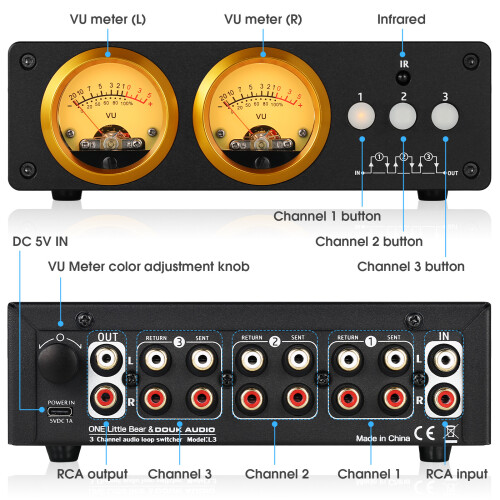 Mini Loop Switcher Box 3 Channel RCA Selector Stereo Audio Splitter w/VU Meter 1