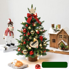 Mini kerstboomset van 45 cm | met LED-lichtsnoer, kerstballen en houten huisje als hanger | Bureaudecoratie | Kerstcadeau