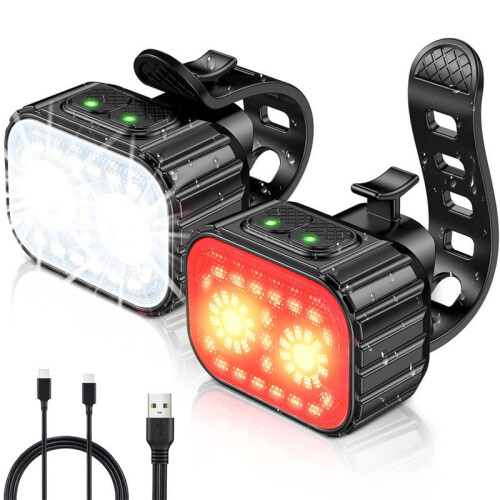 Luzes dianteiras e traseiras para bicicleta, recarregáveis via USB.