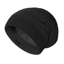 Double-Layer Satin Lined Sleep Cap - Black Elastic Cotton Beanie with Adjustable Strap, 29x27cm, Soft Turban Hat