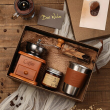 Coffret cadeau moulin à café manuel vintage | Comprend un moulin à main, une tasse à café, une bougie parfumée et une boîte |
