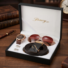 5-teiliges Business-Geschenkset für Herren | Uhr + Sonnenbrille + Gürtel + Manschettenknöpfe | Weihnachts- oder Geburtstagsge