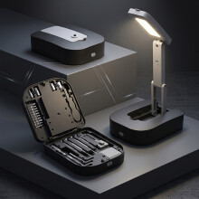 26-osainen LED-tarkkuusruuvimeisselisarja, jossa kokoontaitettava pöytälamppu, korjaussarja puhelimen ja mallin kokoamiseen