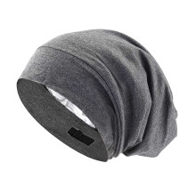 Double-Layer Satin Lined Sleep Cap - Dark Grey Elastic Cotton Beanie with Adjustable Strap, Soft Turban Hat