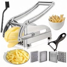 Cortador de Batatas Fritas em Aço Inoxidável, Fatiador Manual de Batatas com 2 Conjuntos de Lâminas, Escova de Limpeza e Desc