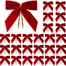 24 Laços de Natal de Veludo, Enfeites de Laço de Veludo Vermelho de 8,9 cm com Fita Dourada, Decorações para Árvore de Natal,