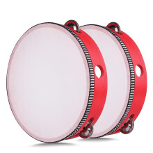 Flexzion Wood Handheld Tambourine (2 Pack) 8 Inch Single Row 5 Pair Jingles, Hand Held Percussion Drum Moon Musical Tambourine with Ergonomic Handle