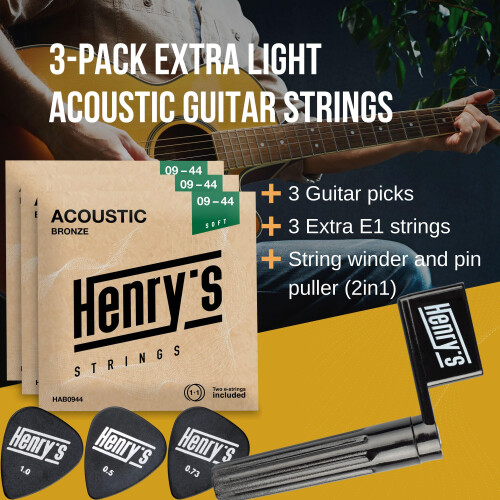 3-Pack Ultra Light Acoustic Guitar Strings 09-44 - Easy On Fingers 1